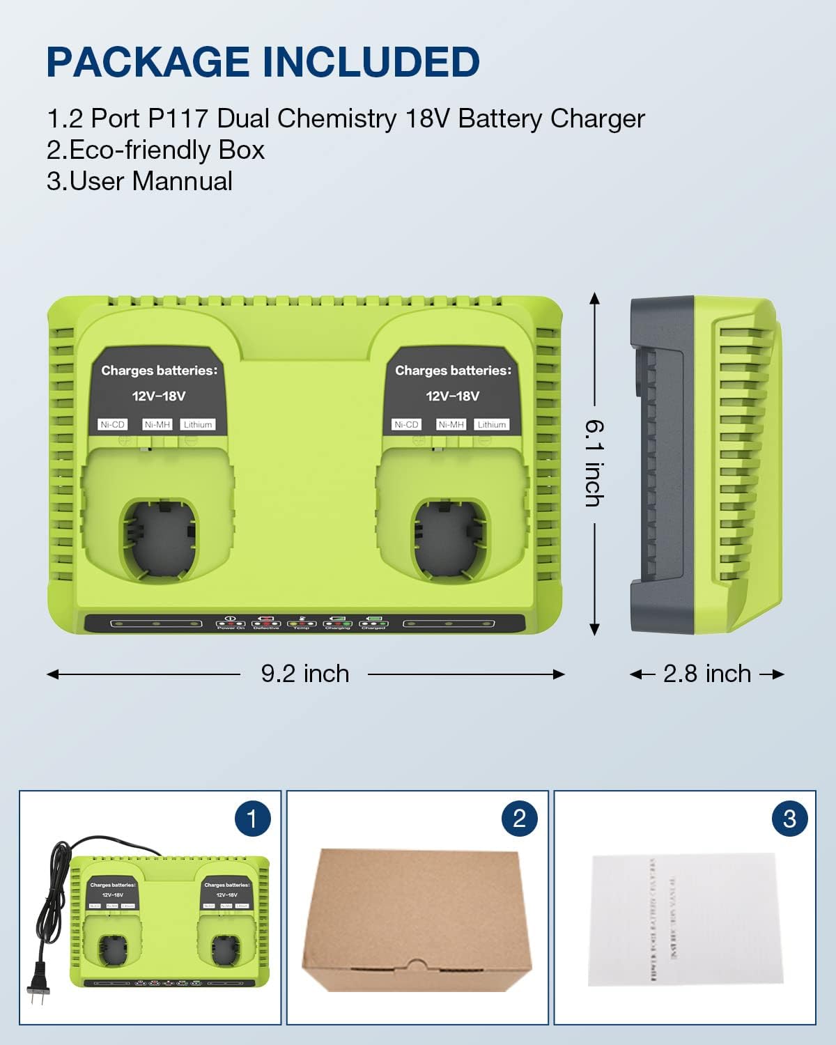 WaxPar 2 puertos P117 para cargador Ryobi compatible con Ryobi 18v cargador de batería dual ONE+ P117 P118 12V-18V Max Li-Ion NiCd NiMh batería P100