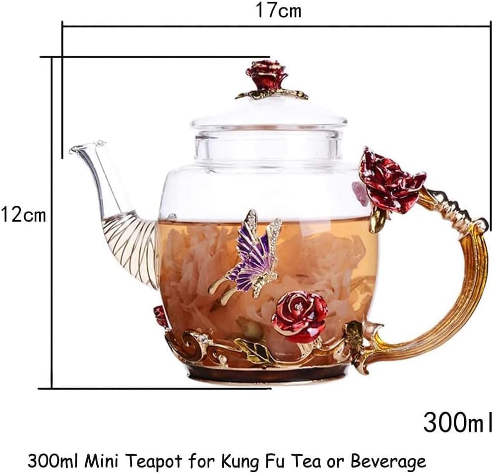 Tetera creativa de cristal de flores para té de Kung Fu, buen regalo para hermana, mamá, abuela, profesores (rosa roja)