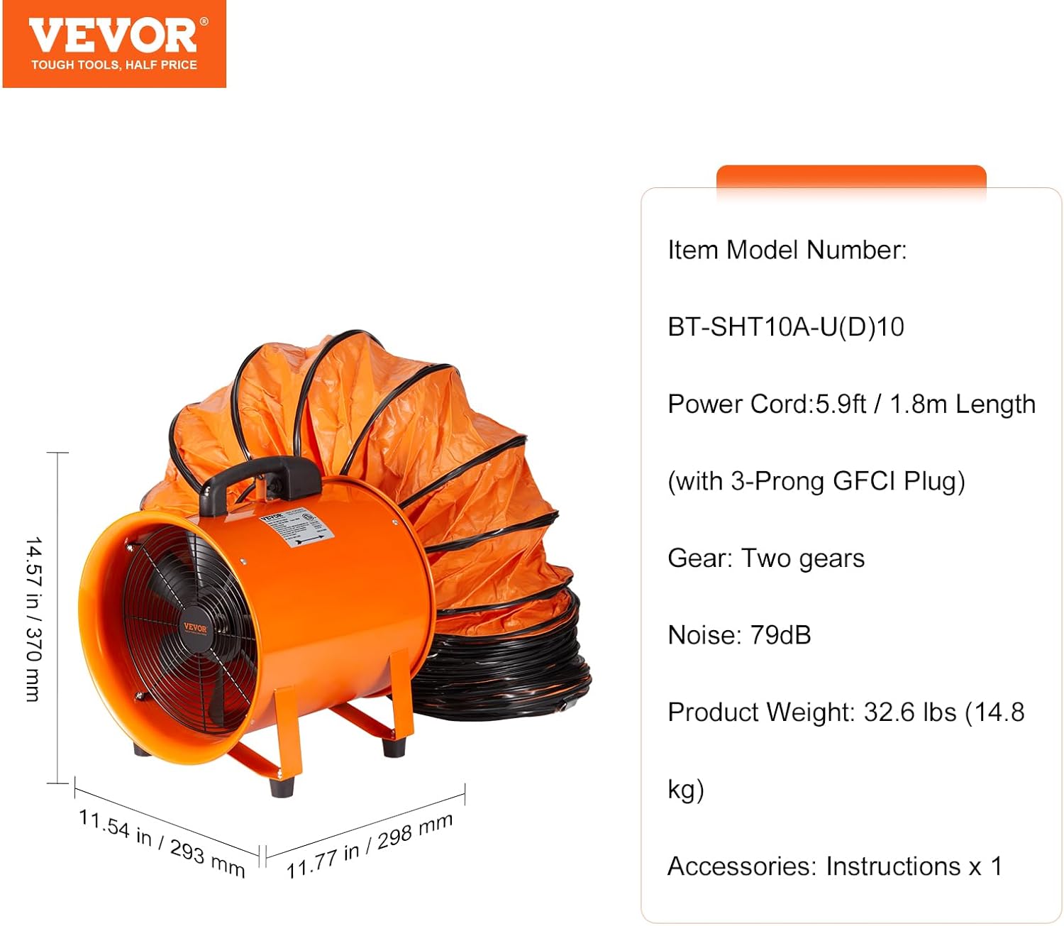 VEVOR Ventilador de ventilador utilitario de 10 pulgadas, ventilador de escape axial de cilindro resistente de 2 velocidades 1948 CFM con manguera