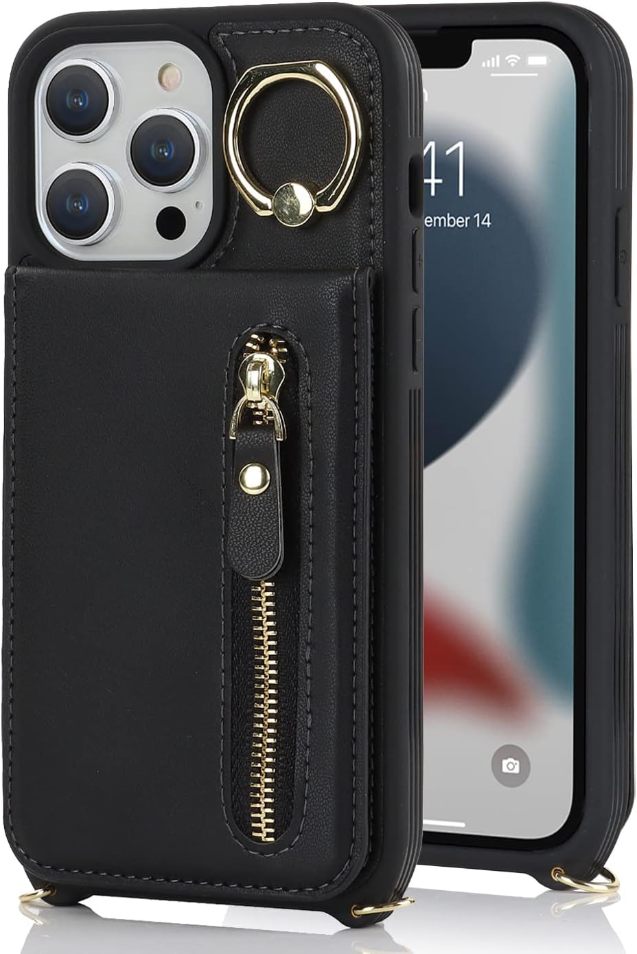 Funda para iPhone 13 Pro Max con correa, iPhone 13 Pro Max con tarjetero y ranuras para tarjetas de crédito Crossbody con función atril y cremallera