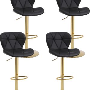 Relbiety Juego de 4 taburetes de bar modernos negros, taburetes de bar giratorios con altura trasera, taburetes de mostrador ajustables de piel Relbiety Juego de 4 taburetes de bar modernos negros, taburetes de bar giratorios con altura trasera, taburetes de mostrador ajustables de piel