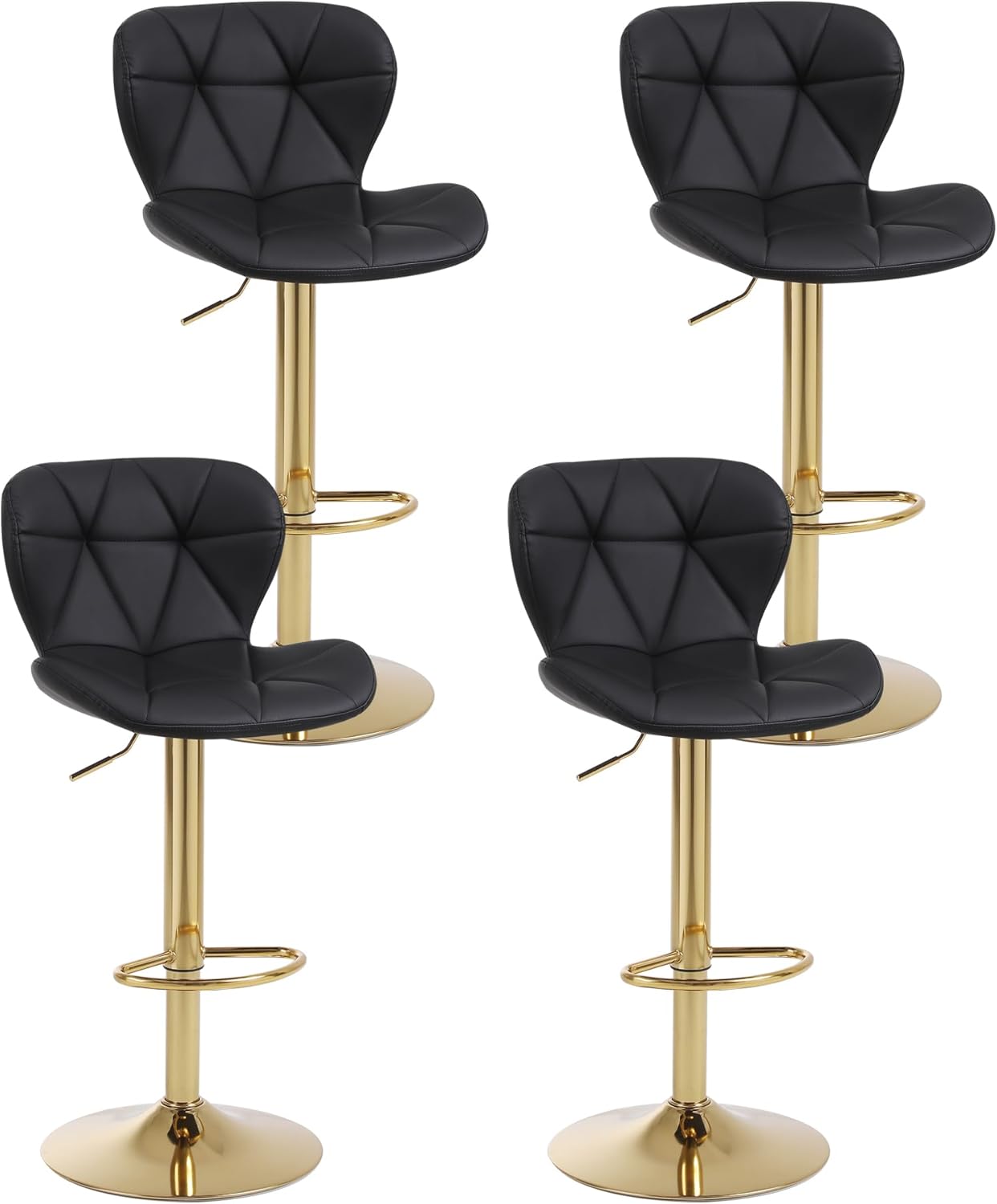 Relbiety Juego de 4 taburetes de bar modernos negros, taburetes de bar giratorios con altura trasera, taburetes de mostrador ajustables de piel