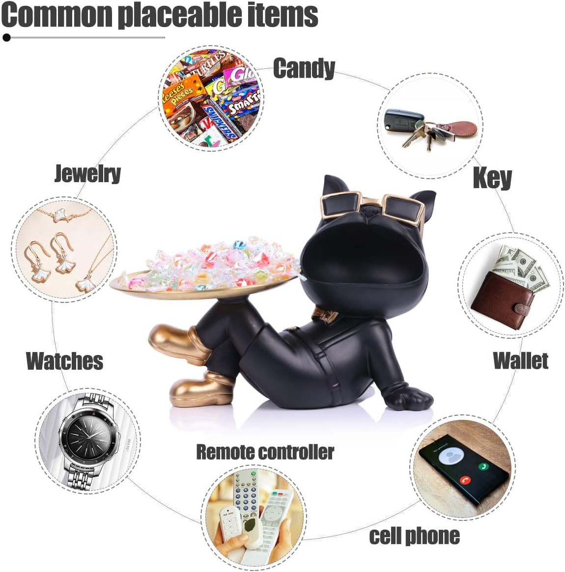 Bandeja de bulldog francés negro  Tazón de caramelo y soporte para llaves, bandeja de almacenamiento de joyas  Ideal para decoración moderna del