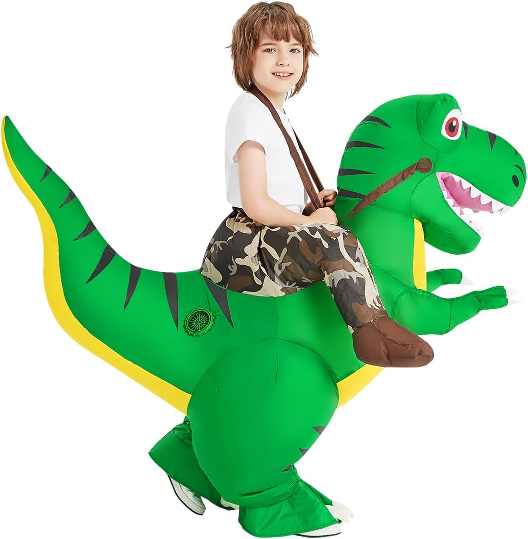 COMIN Disfraz inflable de dinosaurio para niños, disfraz de dinosaurio inflable de T-Rex, vestido divertido verde para fiesta de Halloween