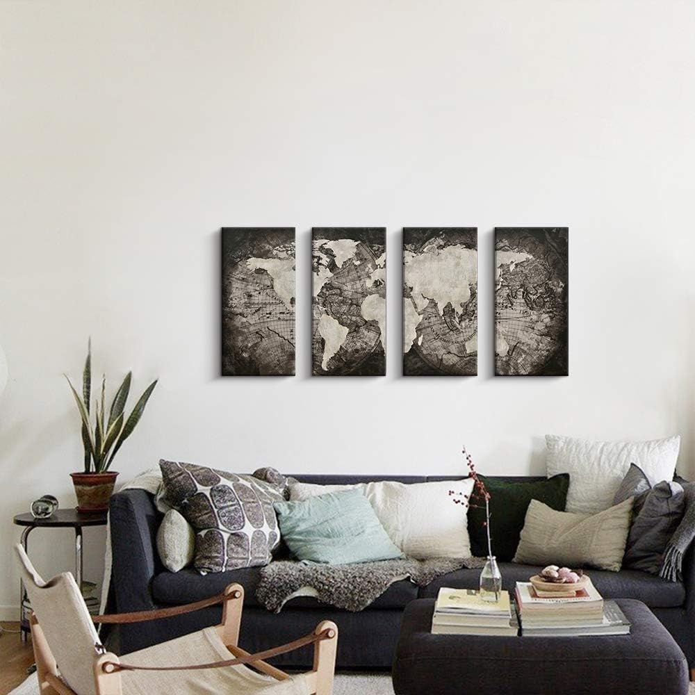 Juego de 4 paneles de mapa del mundo grande, lienzo de arte para pared, lienzo negro con mapa antiguo, decoración de pared, sala de estar (negro, 16