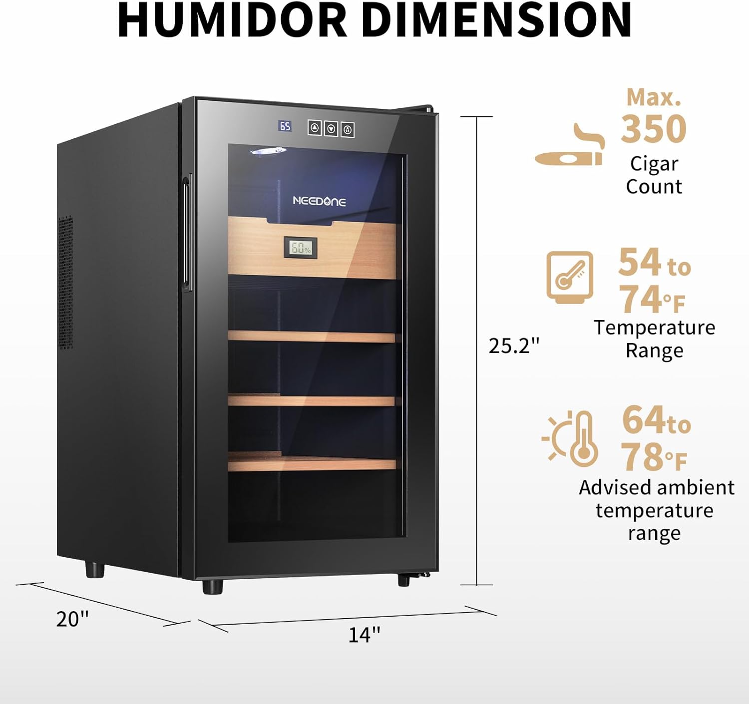 NEEDONE Humidor eléctrico de 48 L, armario grande para 300 unidades con estantes de madera de cedro español y cajón con higrómetro, funcionamiento