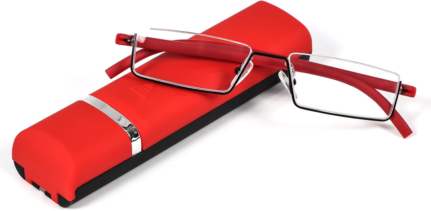 REAVEE Elegantes gafas de lectura de medio marco para mujeres damas media lente ligero rectángulo metal lectores portátiles con estuches, rojo +3.0