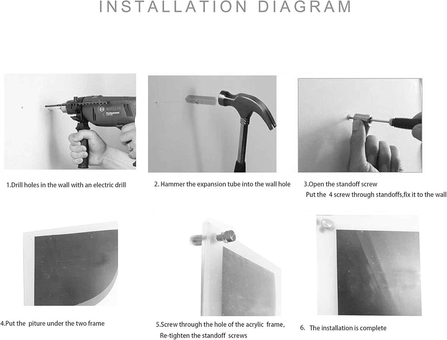 Marco de fotos acrílico flotante de 6 x 8 pulgadas con soporte cromado, doble panel de montaje en pared, marco de fotos para fotos de hasta pulgadas
