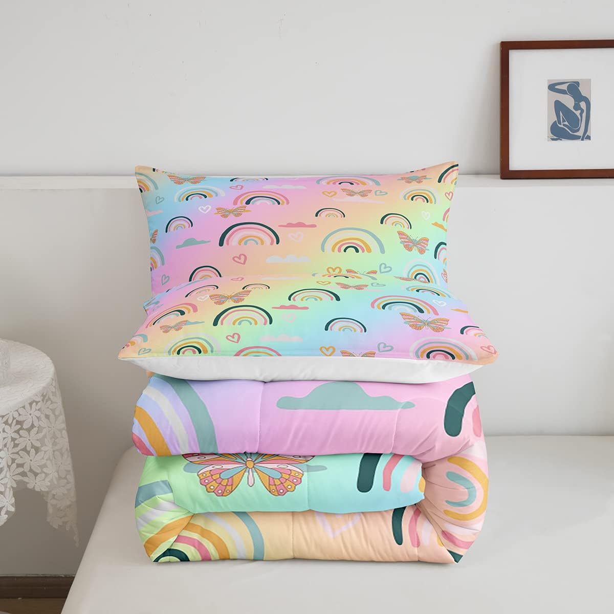 Juego de ropa de cama de arcoíris para niños y niñas, edredón de mariposas de dibujos animados, decoración de dormitorio, edredón acolchado de