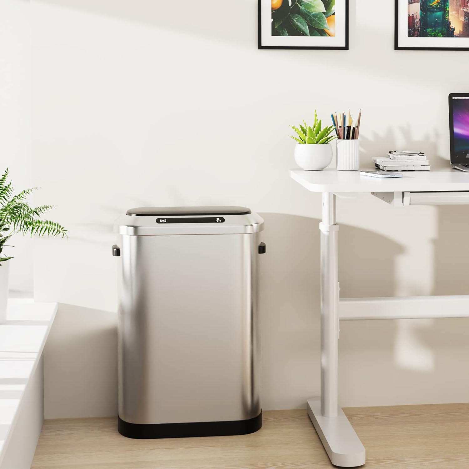 Bote de basura automático inteligente de 13 galones de 50 litros con tapa, cuerpo grueso de acero inoxidable y tapa de sensor sin tacto súper