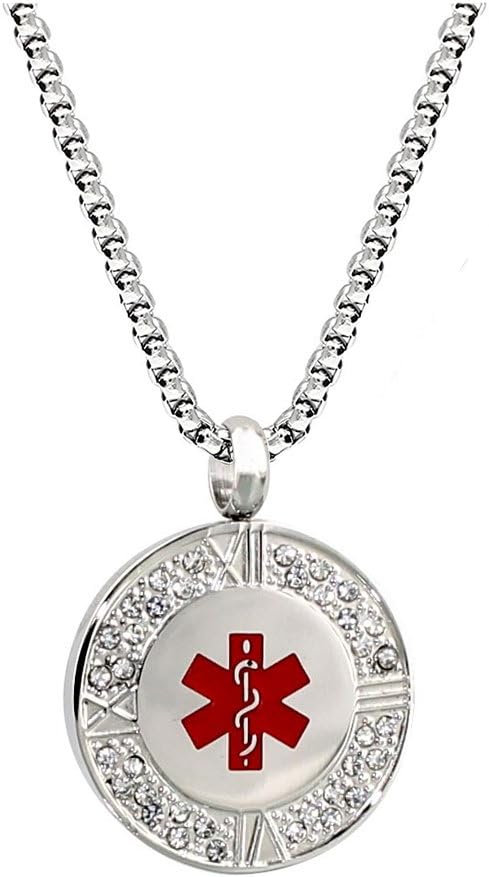 Collar de identificación médica de cristal de acero inoxidable para mujer, 24 pulgadas, grabado gratuito, Chain length 24 Inch