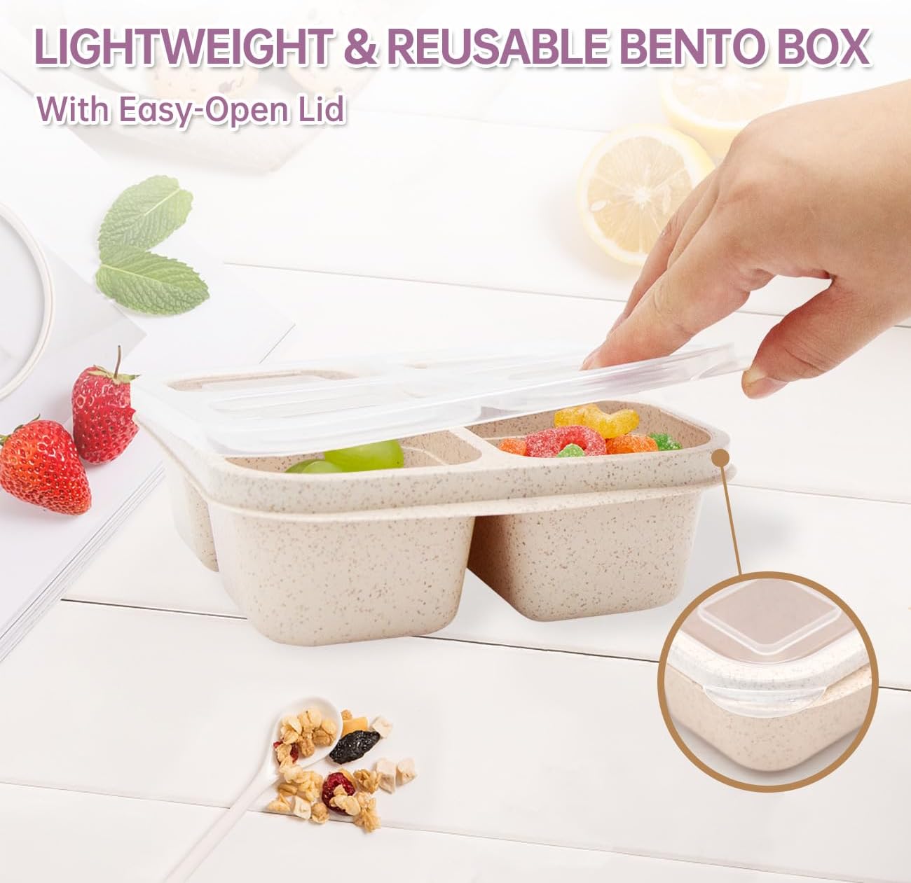 Paquete de 5 loncheras Bento, recipientes de aperitivos de 4 compartimentos, caja de aperitivos Bento dividida, preparación de comidas, lonchera