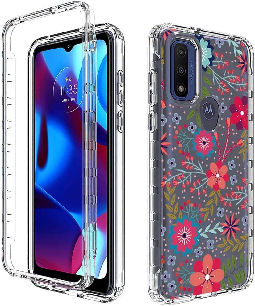 Funda para Moto G PureMotorola G Pure 2021 con protector de pantalla de vidrio templado, funda protectora de TPU transparente floral a prueba de