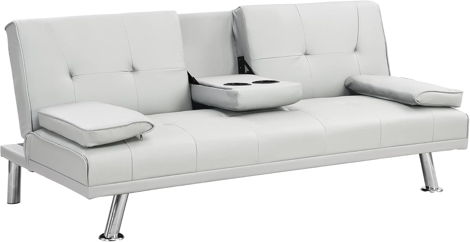Futón, sala de estar de cuero moderna, sofá biplaza plegable convertible, sofá cama extraíble con 2 portavasos con reposabrazos en el medio, blanco