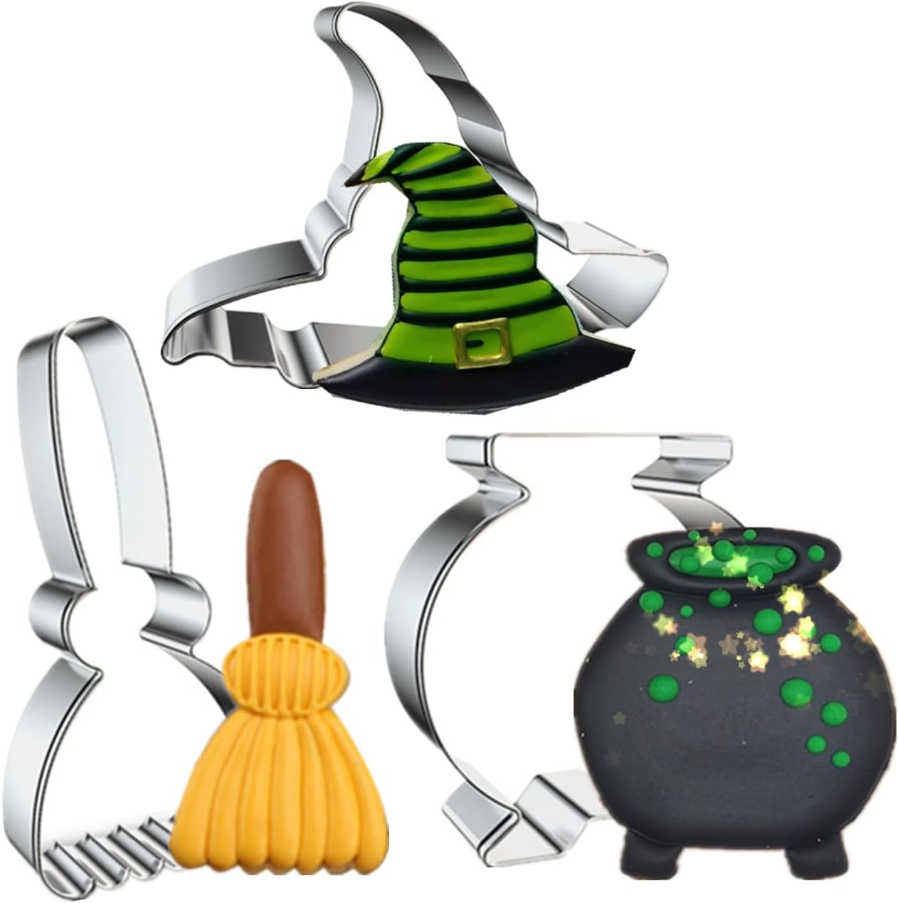 Juego de cortadores de galletas de Halloween, 3 piezas de cortador de galletas de acero inoxidable, moldes para hornear, olla de bruja, sombrero de
