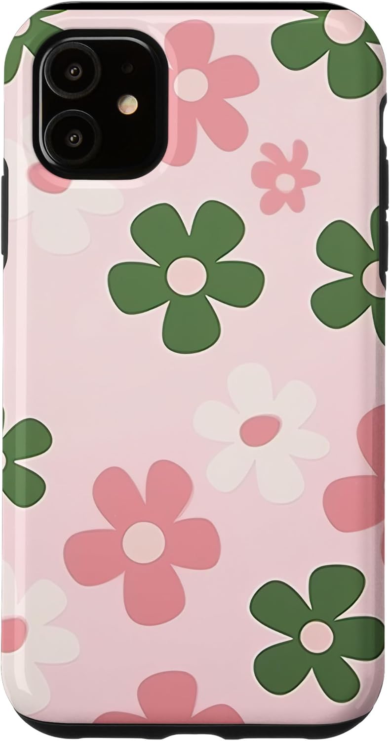 Funda con diseño floral de margaritas verde salvia y rosa para iPhone 11
