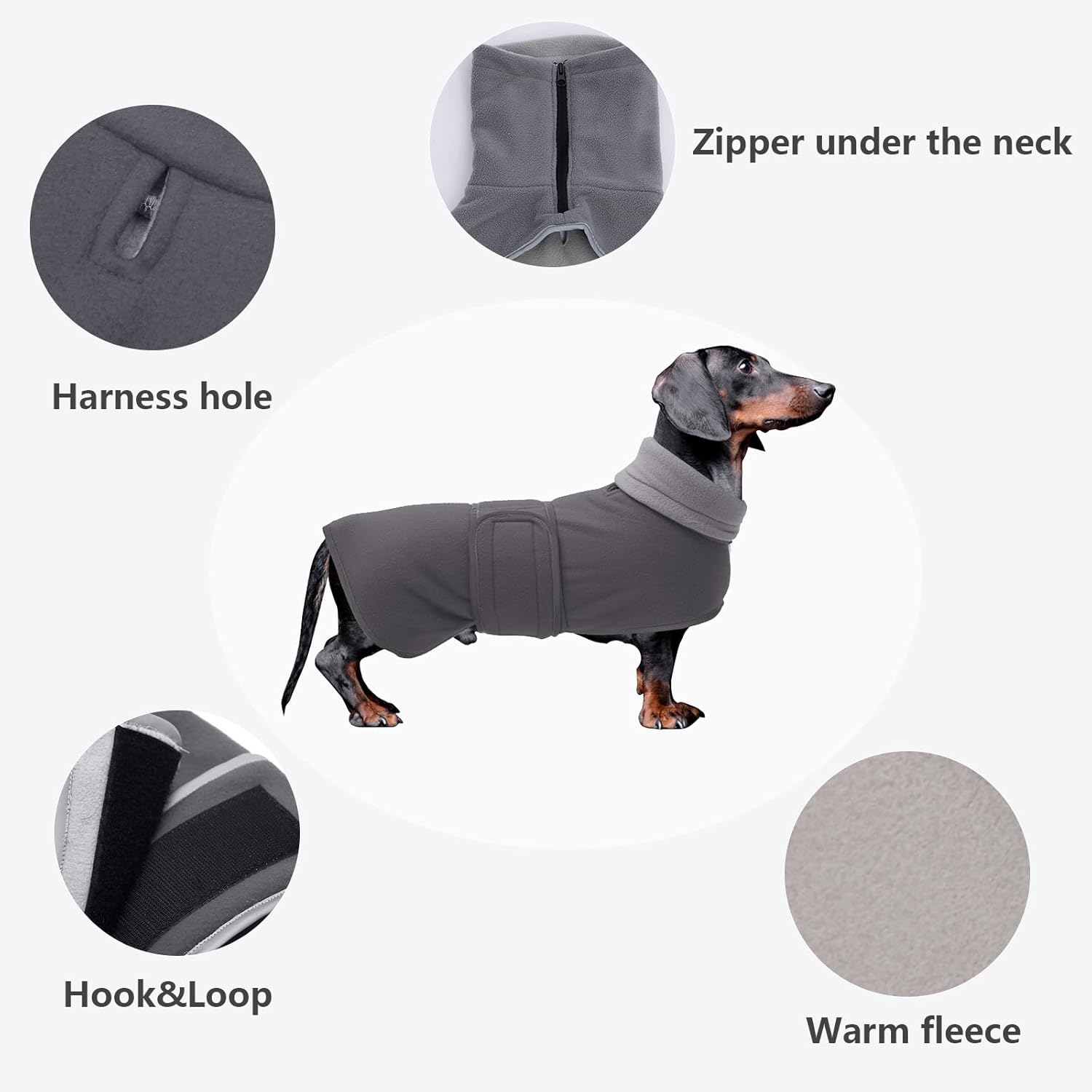 Abrigo de forro polar para perro salchicha en miniatura de invierno con cierre de velcro y ribete reflectante de alta visibilidad, color gris, talla