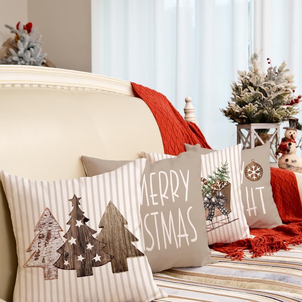 Juego de 4 fundas de almohada de Navidad de 18 x 18 pulgadas, diseño de árbol de madera a rayas, trineo de nieve, decoración de Navidad, decoración