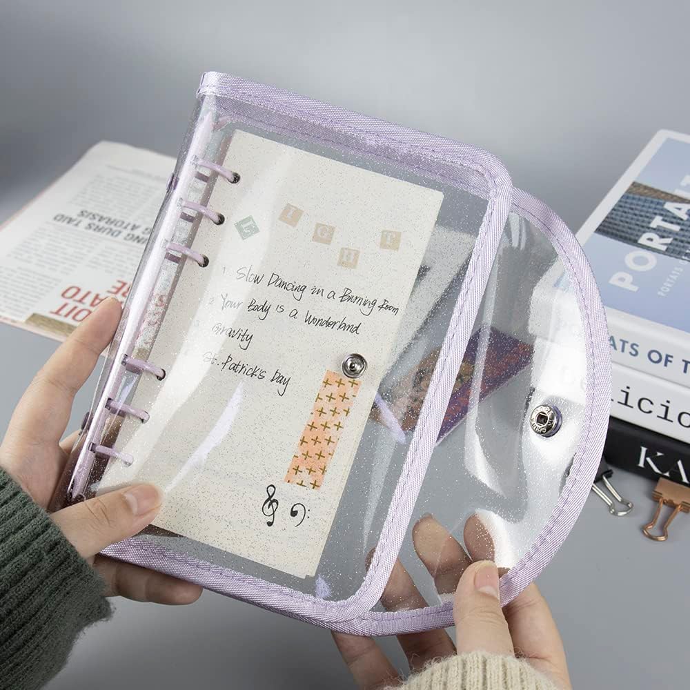 Carpeta A6 con purpurina transparente de PVC suave, carpeta de 6 anillas, color morado, recargable, con cierre de botón a presión, para organizador
