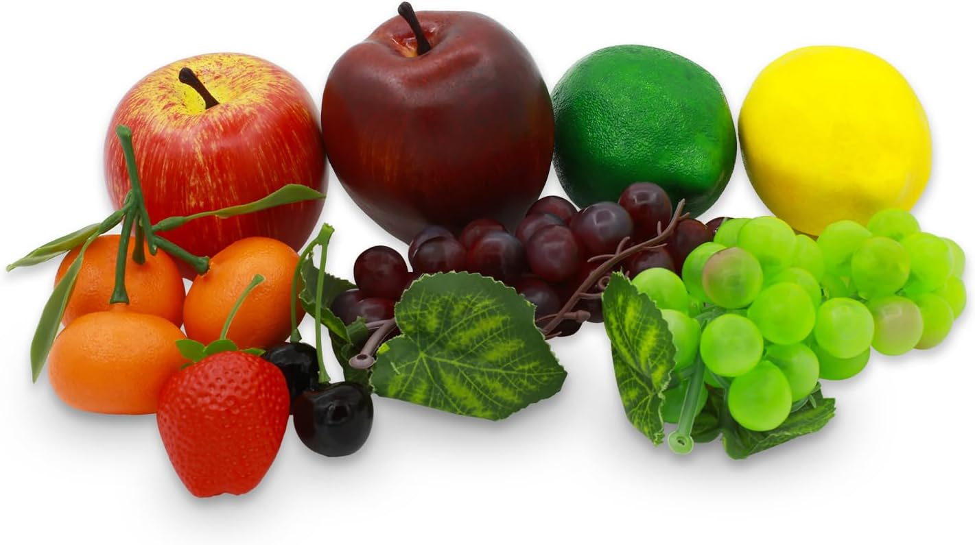 23 piezas de frutas falsas, decoración realista de frutas sintéticas, frutas artificiales falsas, frutas de plástico para decoración incluyen
