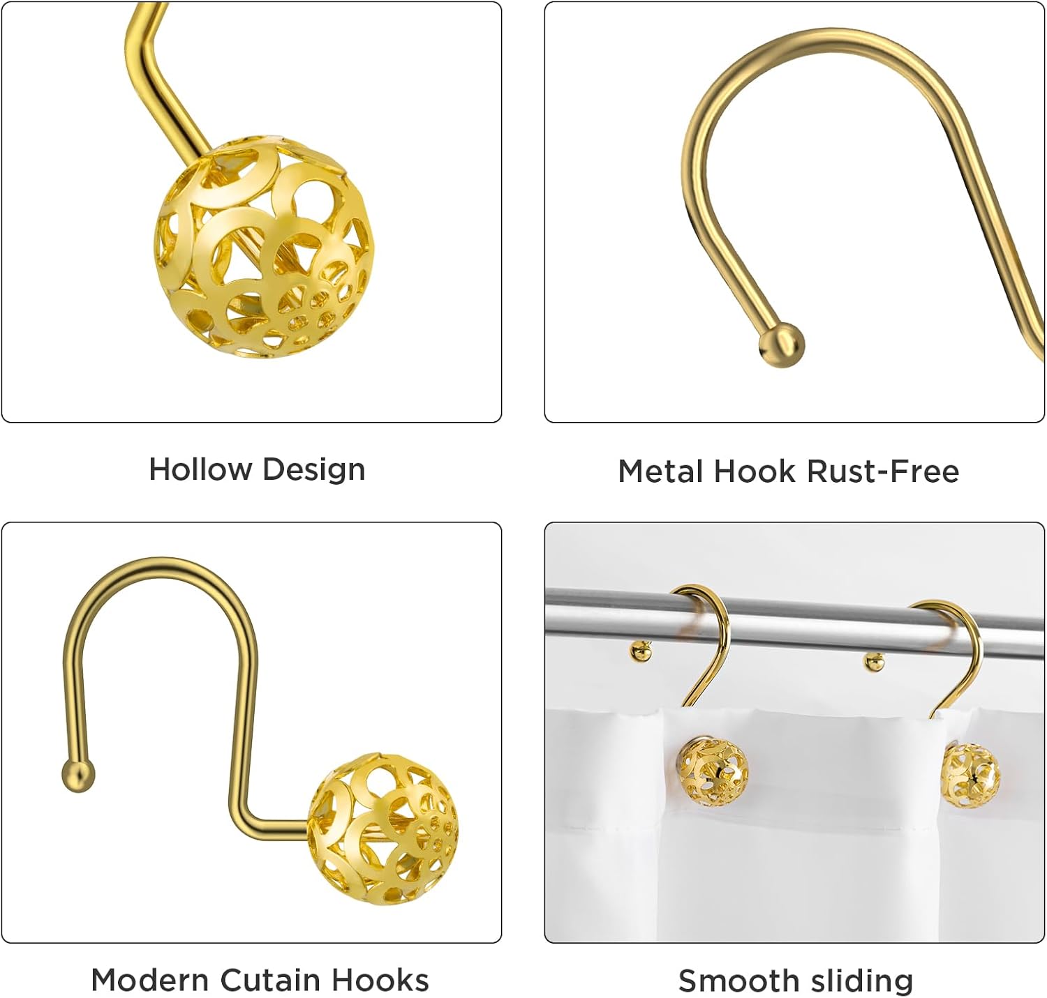 HBlife 12 ganchos dorados para cortina de ducha a prueba de óxido, bola hueca de metal, anillos decorativos para cortina y barra de ducha de baño