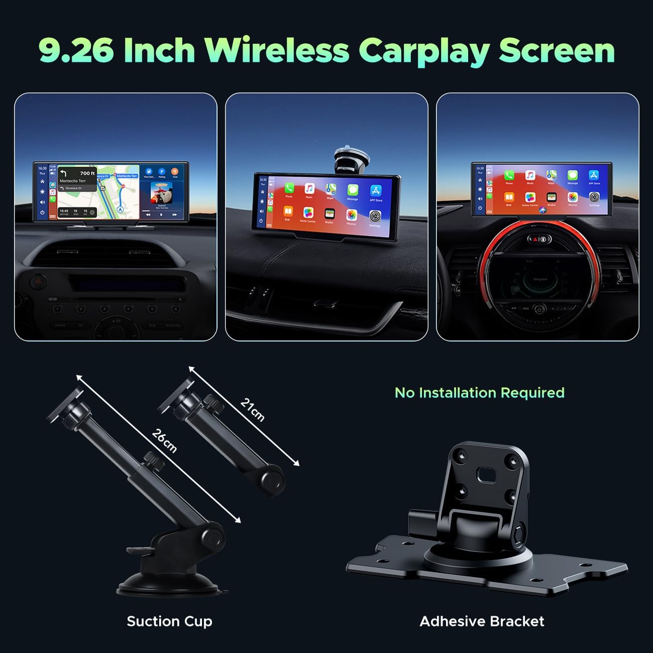 LAMTTO Carplay inalámbrico y Android Auto con cámara frontal de tablero 2K, pantalla táctil portátil de 9.26 pulgadas para automóvil, receptor de