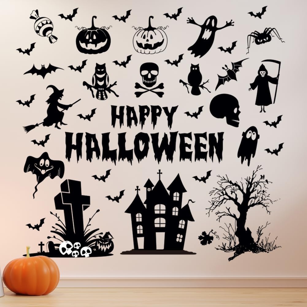 Calcomanías de pared de Halloween de vinilo, calcomanías de pared de Halloween, adhesivos de pared extraíbles de Halloween, murciélagos de bruja,