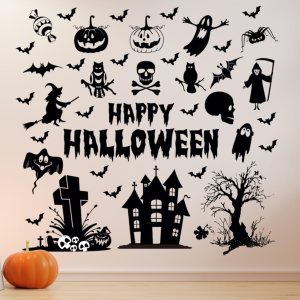 Calcomanías de pared de Halloween de vinilo, calcomanías de pared de Halloween, adhesivos de pared extraíbles de Halloween, murciélagos de bruja, Calcomanías de pared de Halloween de vinilo, calcomanías de pared de Halloween, adhesivos de pared extraíbles de Halloween, murciélagos de bruja,