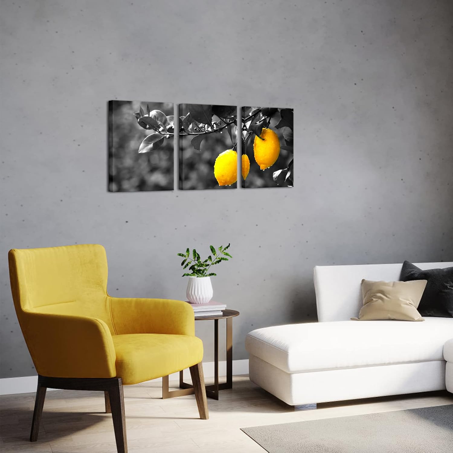 Nachic Wall Lienzo de cocina de 3 piezas, arte de pared de limón fresco, póster de frutas, arte moderno en blanco y negro, amarillo para decoración