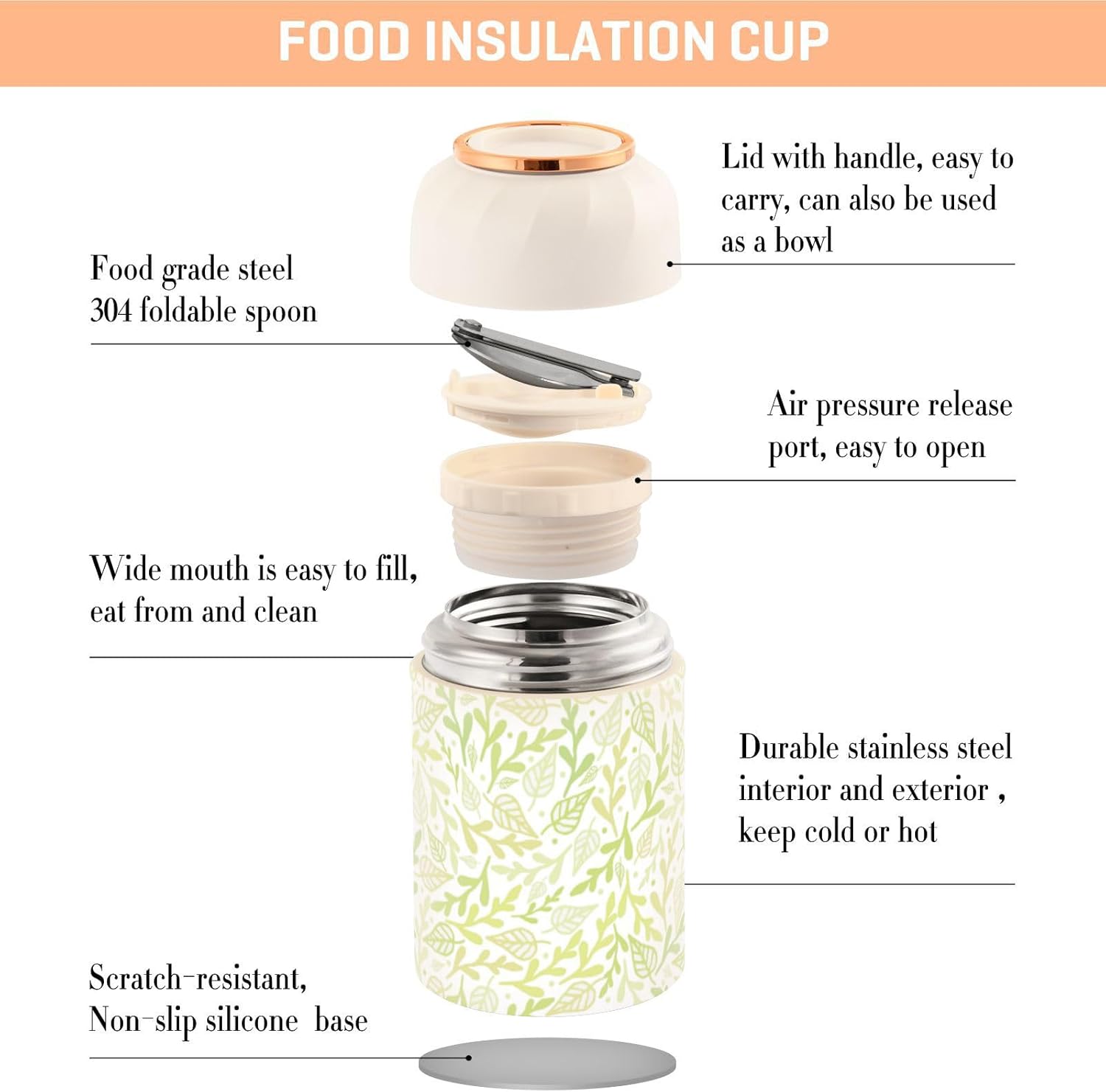 Green Plant Leaf Kids Womens Insulated Food Jar Container with Spoon 17oz500ml Food Containers For Hot Stainless Steel Vacuum Leakproof Insulated