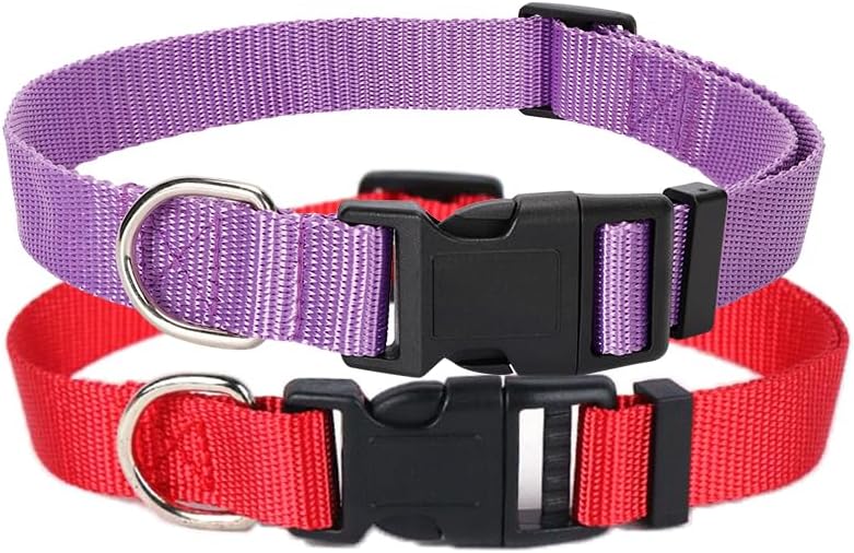 Alainzeo Paquete de 2 collares de nailon para perros, collares clásicos ajustables para perros pequeños, medianos y grandes, M (rojo, morado)