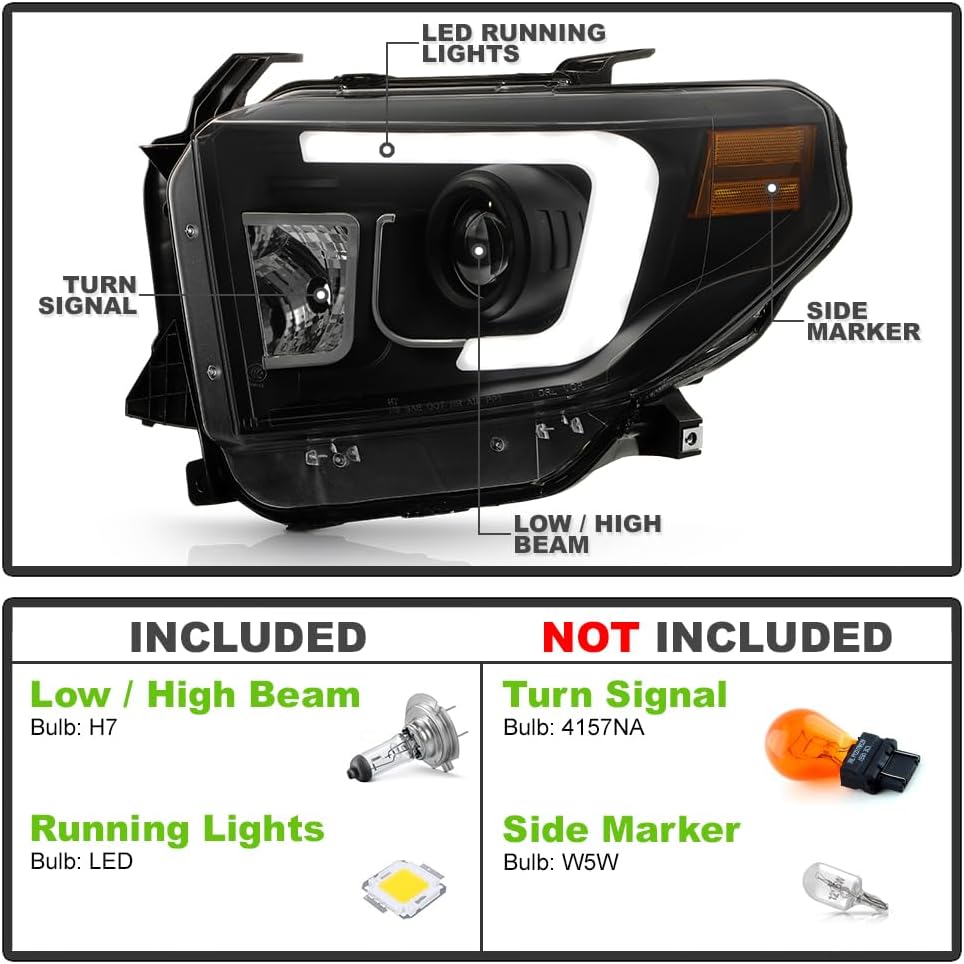 ACANII – Para Toyota Tundra Pickup 2014-2017 Tubo LED Negro Faros Conjunto Conjunto Izquierdo+Derecho