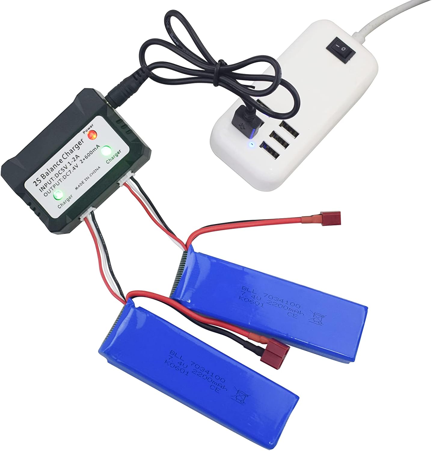 Fytoo Batería de litio de 2 piezas de 7.4 V 2200 mAh con cargador 2 en 1 para WLtoys K949 10428 10428-A L202 RC de control remoto de alta velocidad