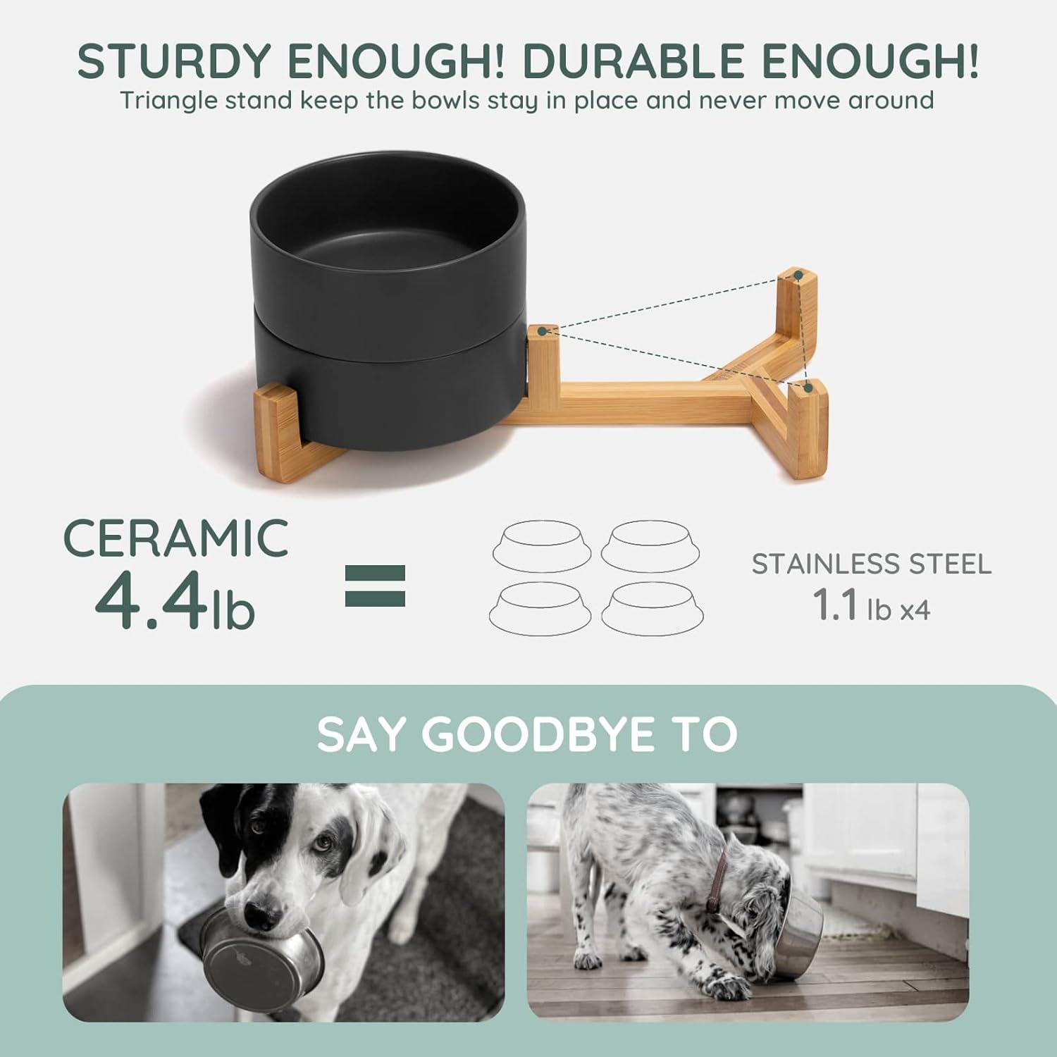 SPUNKYJUNKY Juego de cuencos de cerámica para perros y gatos con soporte de madera, moderno y bonito juego de agua para alimentos con peso para
