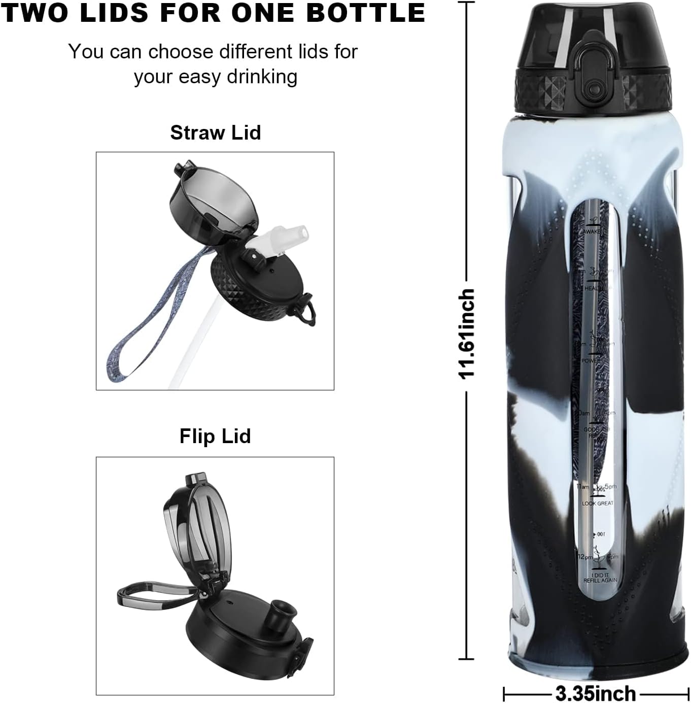 GOPPUS Botellas de agua de vidrio con popote y tapa abatible, botellas de agua motivacionales con recordatorio de marcador de tiempo y funda de