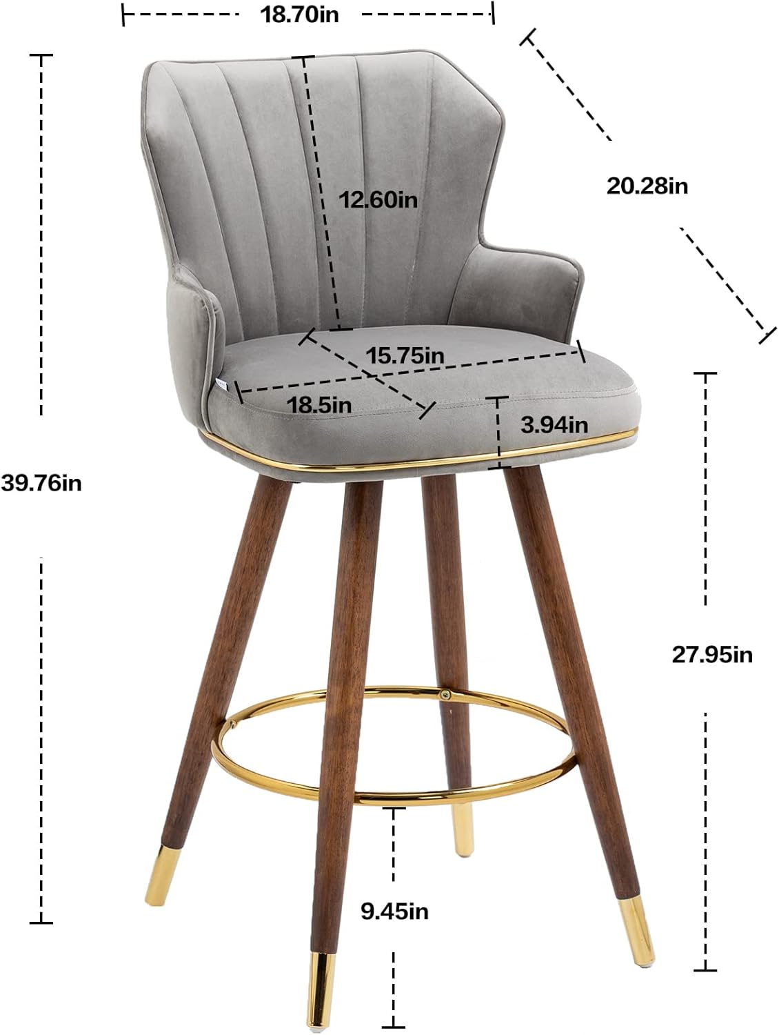 Juego de 2 taburetes de bar, sillas de bar de terciopelo con patas de madera, taburetes de bar de 27.95 pulgadas de altura de mostrador con respaldo