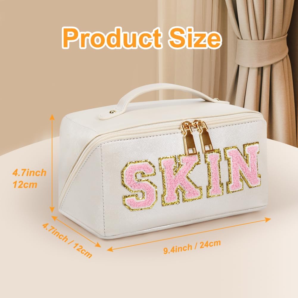 Bolsa de cosméticos de viaje de gran capacidad, bolsa de maquillaje con letras de chenilla, bolsa de maquillaje de piel sintética, organizador plano