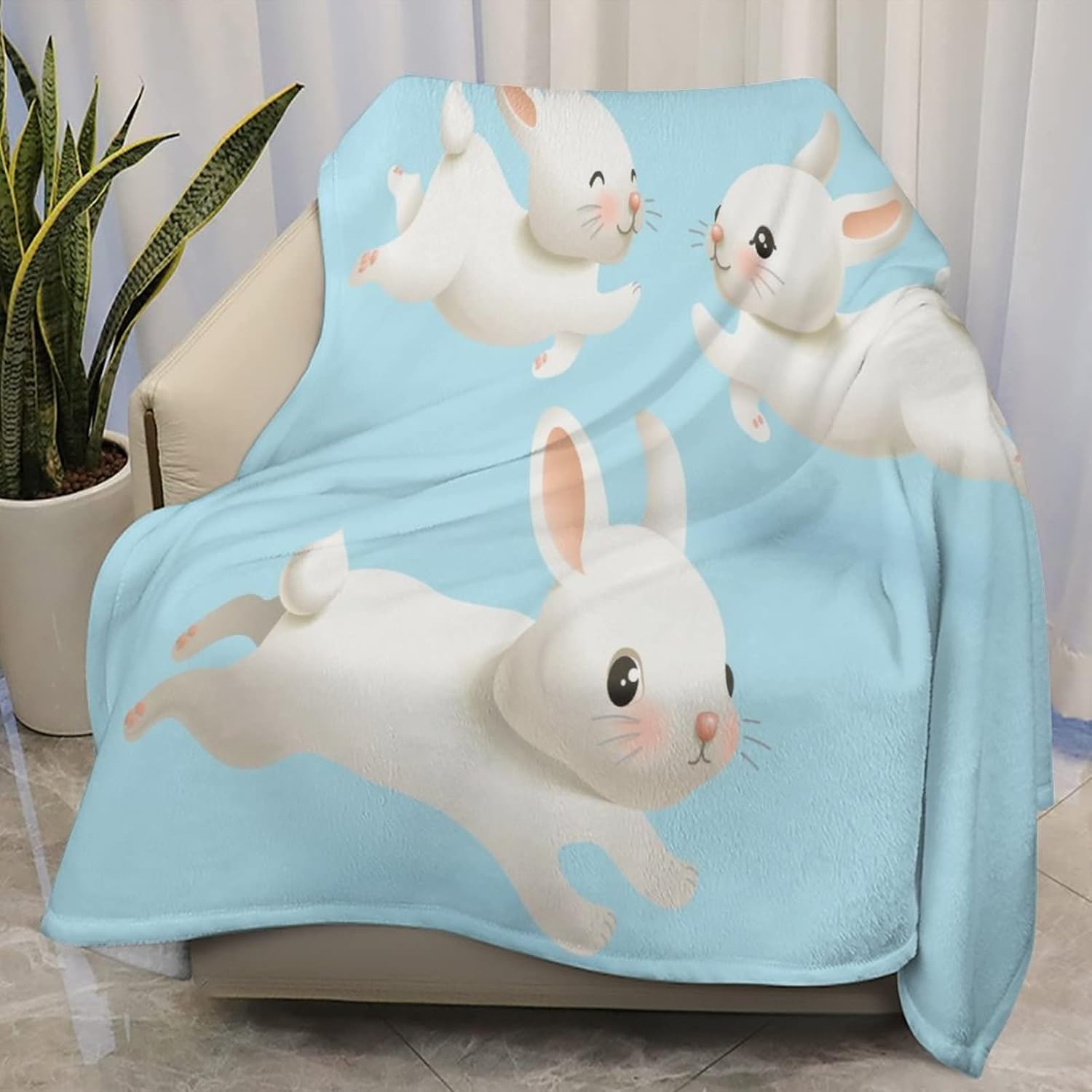 Manta de forro polar con diseño de conejito blanco para sofá, manta gruesa y mullida, cálida y suave, para sofá, 40 x 50 pulgadas