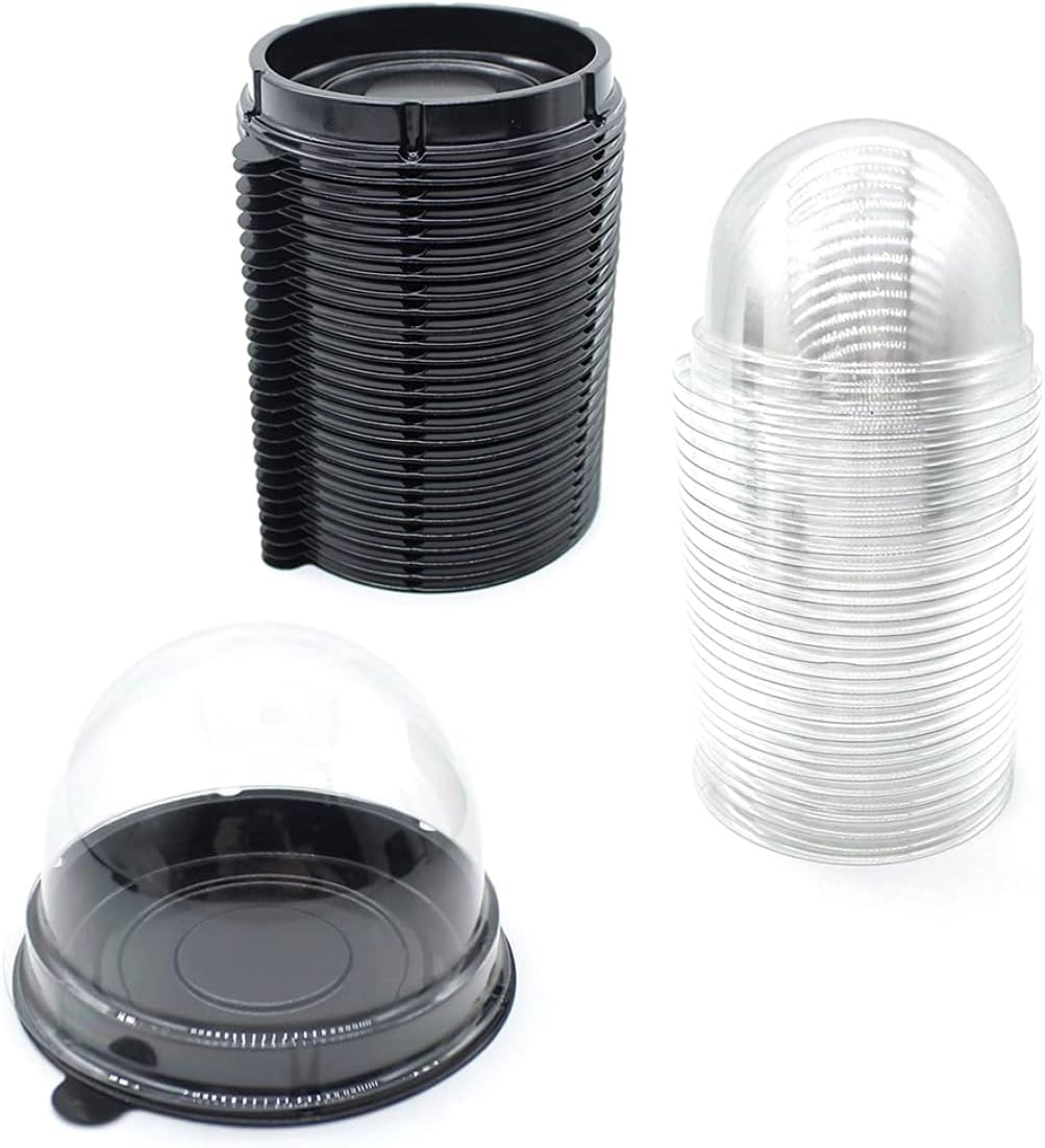 Caja de embalaje Mini contenedor para tartas Mooncake Dome Box Muffin Pod Holder Plástico transparente individual con base negra, 50 unidades