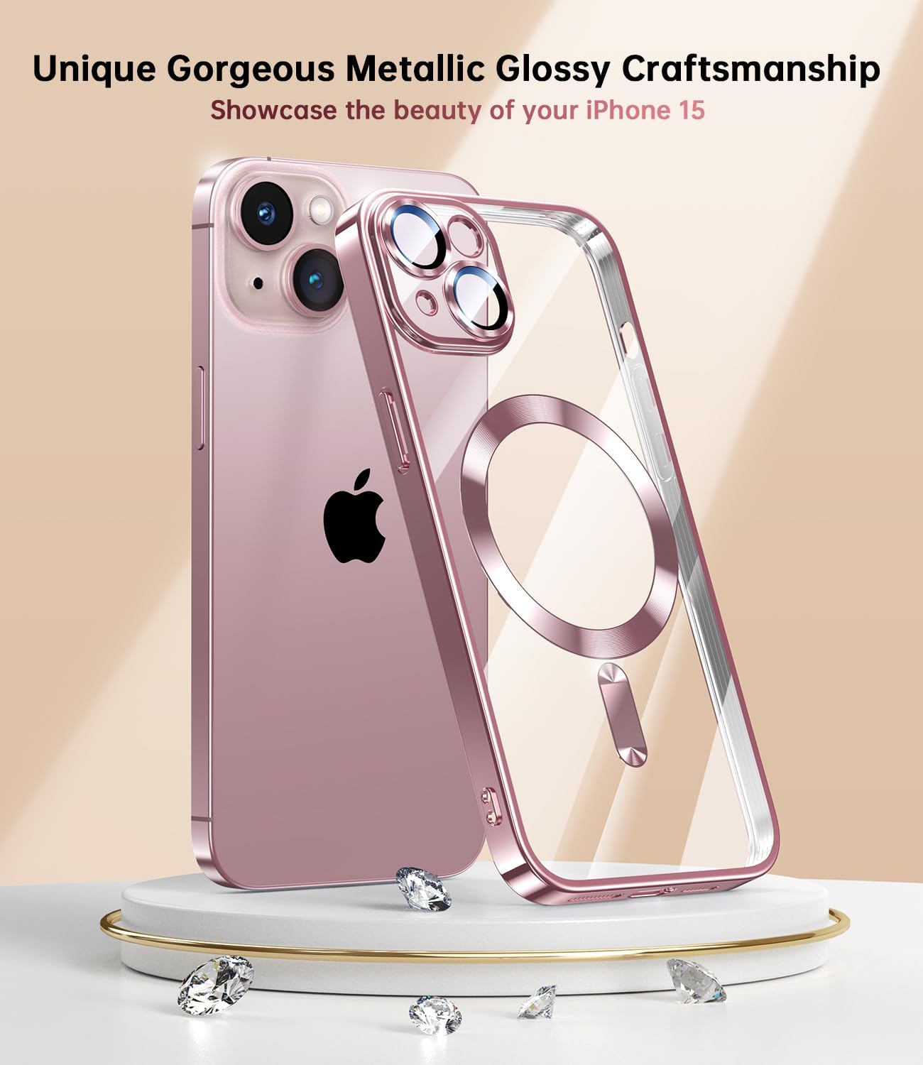 Funda para iPhone 15 con protector de lente de cámara integrado, compatible con MagSafe, exterior original del teléfono, transparente y elegante