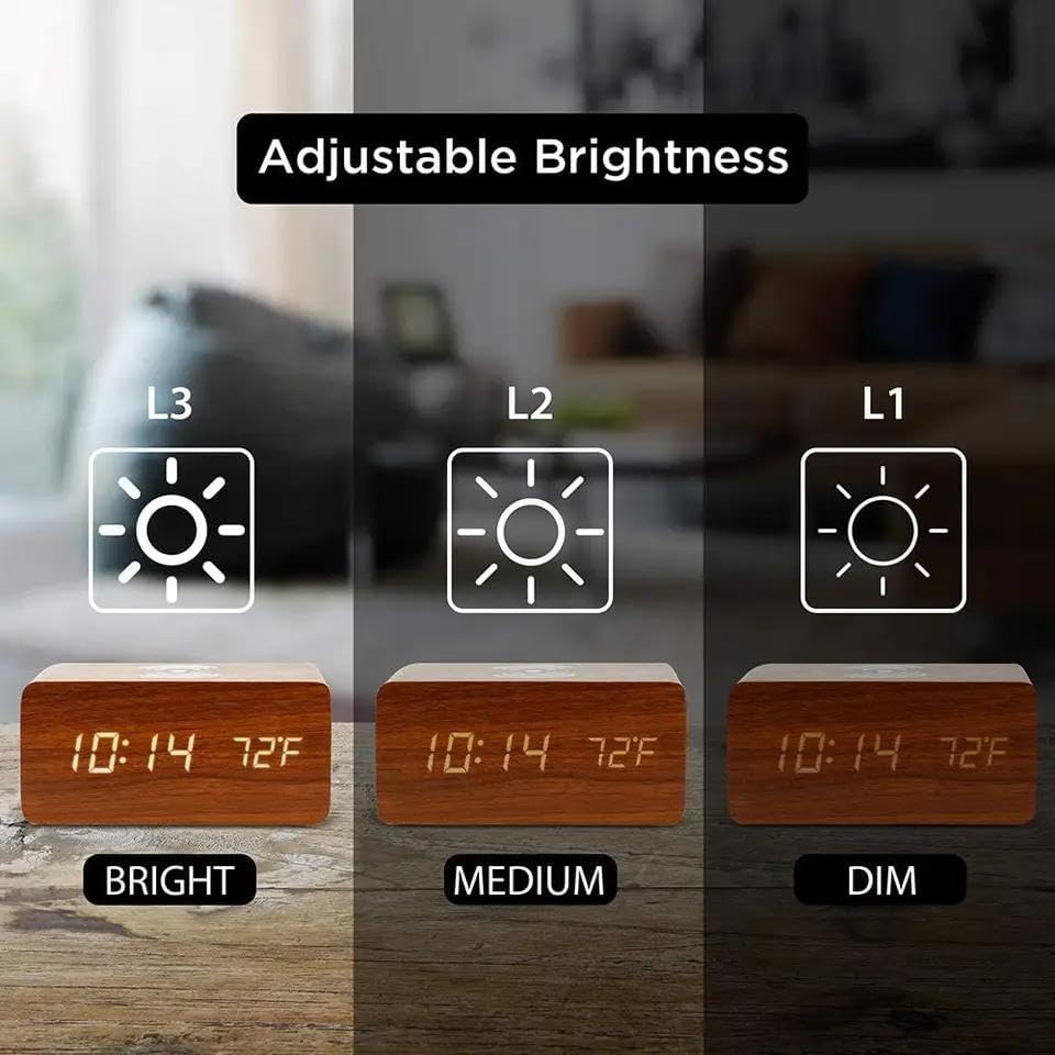 Reloj despertador digital, pantalla LED electrónica de madera, 3 ajustes de alarma, carga inalámbrica de 18 W, día de la semana, detección de
