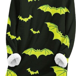 SHOPESSA Suéter térmico para clima frío para mujer, con gráfico de Halloween, cuello redondo, forro polar, suéteres cálidos para mujer SHOPESSA Suéter térmico para clima frío para mujer, con gráfico de Halloween, cuello redondo, forro polar, suéteres cálidos para mujer