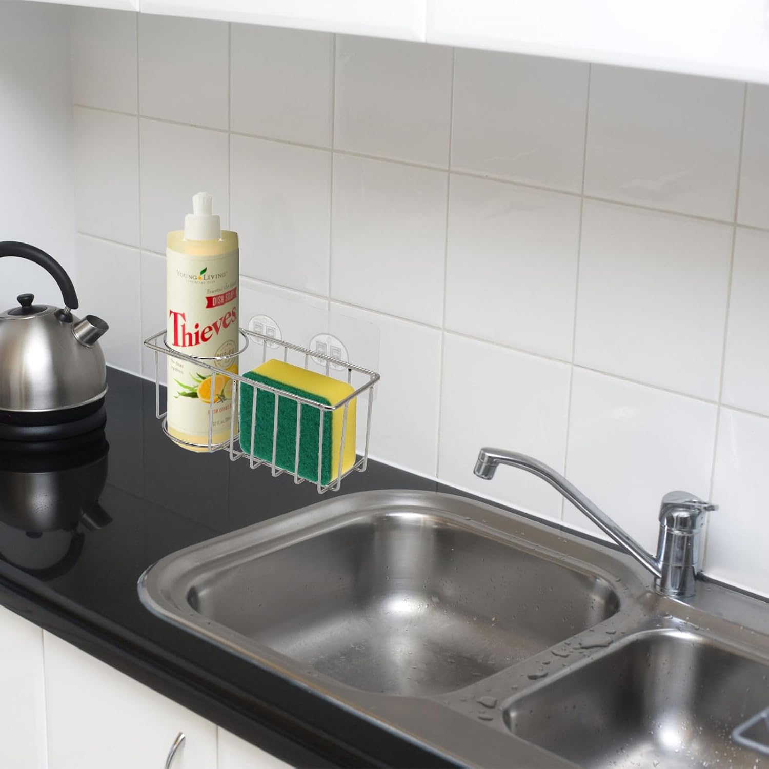 Soporte de esponja 3 en 1 para fregadero de cocina con soporte para cepillo de platos de acero inoxidable para colgar fregadero organizador