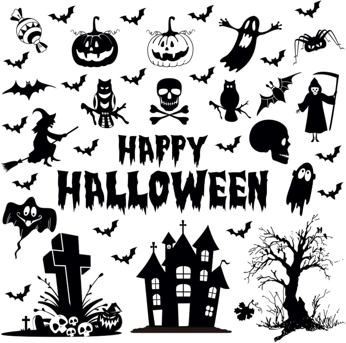 Calcomanías de pared de Halloween de vinilo, calcomanías de pared de Halloween, adhesivos de pared extraíbles de Halloween, murciélagos de bruja,