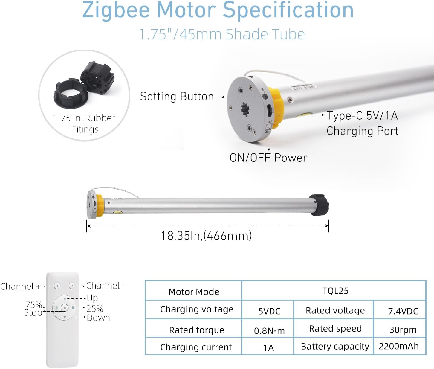 Zigbee – Motor de persianas enrollables recargables para tubo de 1.496 pulgadas1.772 pulgadas, persianas motorizadas compatibles con Alexa