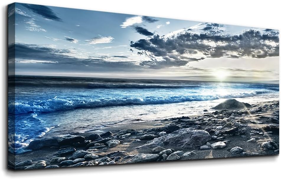 Arte de pared para sala de estar, decoración de pared para dormitorio, póster de gran tamaño, azul, playa, sol, océano, paisaje, impresiones, obras