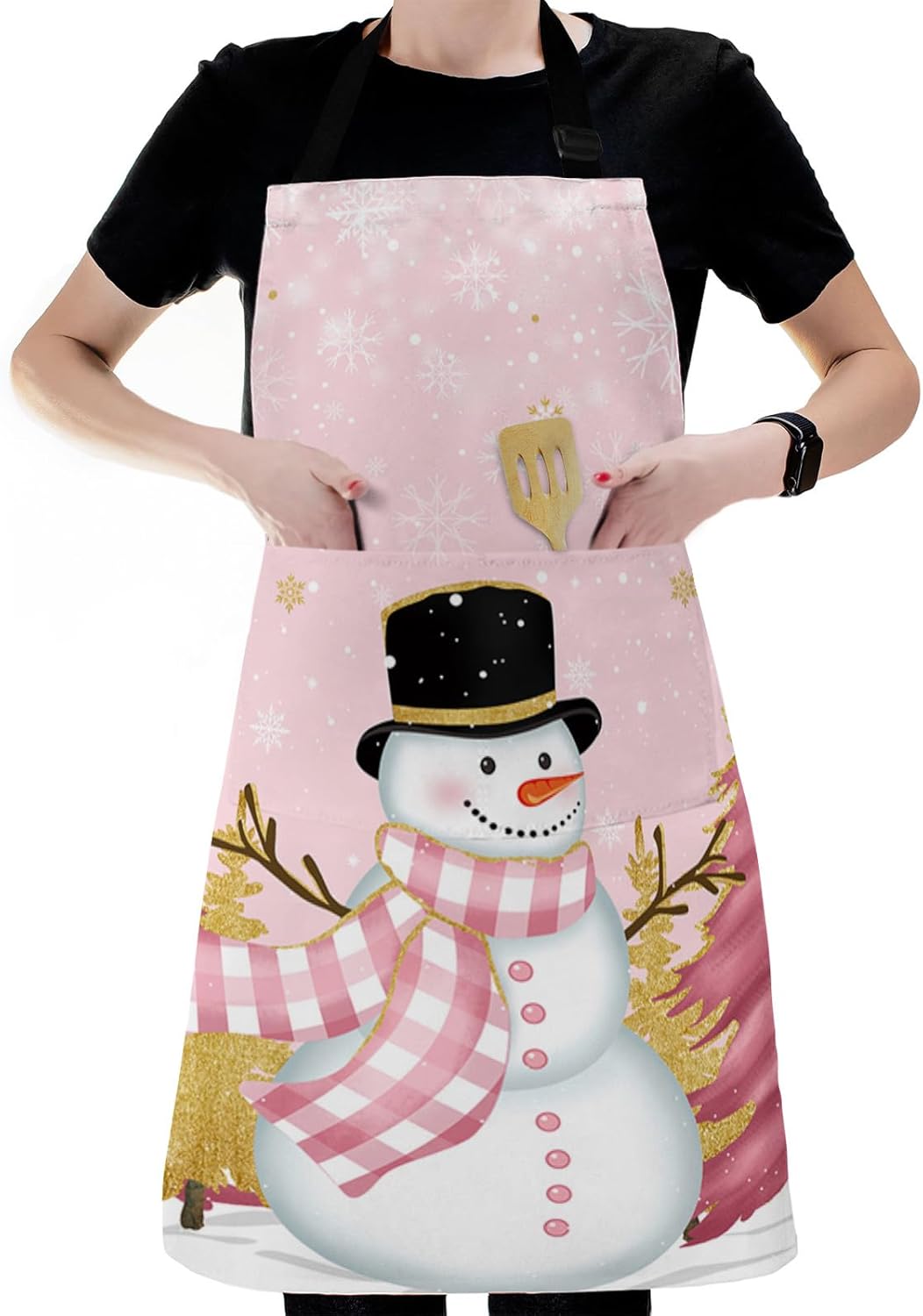 Gold Pink Snowman Bib Aprons for Women With Pockets, Waterproof Canvas Chef Kitchen Cooking Apron for PaintingHair StylistNail TechnicianKids Arts