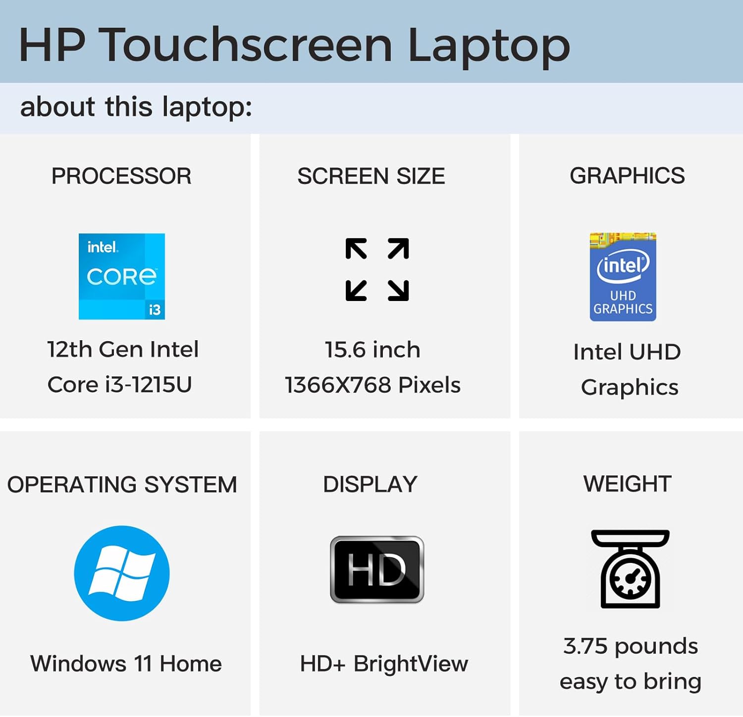 HP Laptop con pantalla táctil HD de 15.6 pulgadas, Intel Core i3-1215U (Beat i5-1135G7), 12 GB de RAM, 256 GB SSD, gráficos Intel UHD, WiFi,