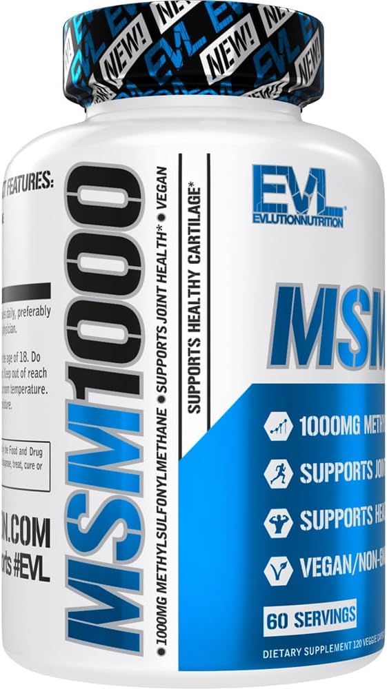 Evlution Nutrition MSM1000-1000 MG Suplemento MSM de metilsulfonilmetano  Apoyo a la salud de las articulaciones  Suplemento para cartílago  Vegano