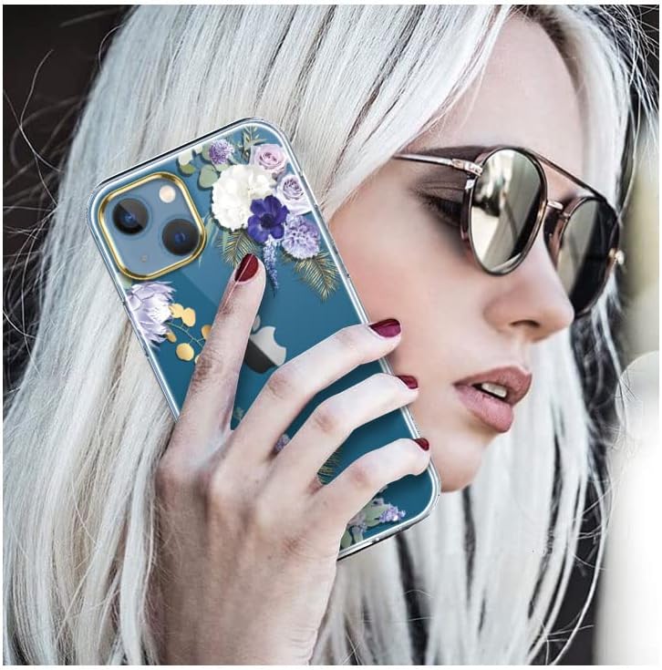 luolnh Funda compatible con iPhone 13 con flores, para mujeres femeninas, a prueba de golpes, transparente, patrón floral, carcasa trasera dura para